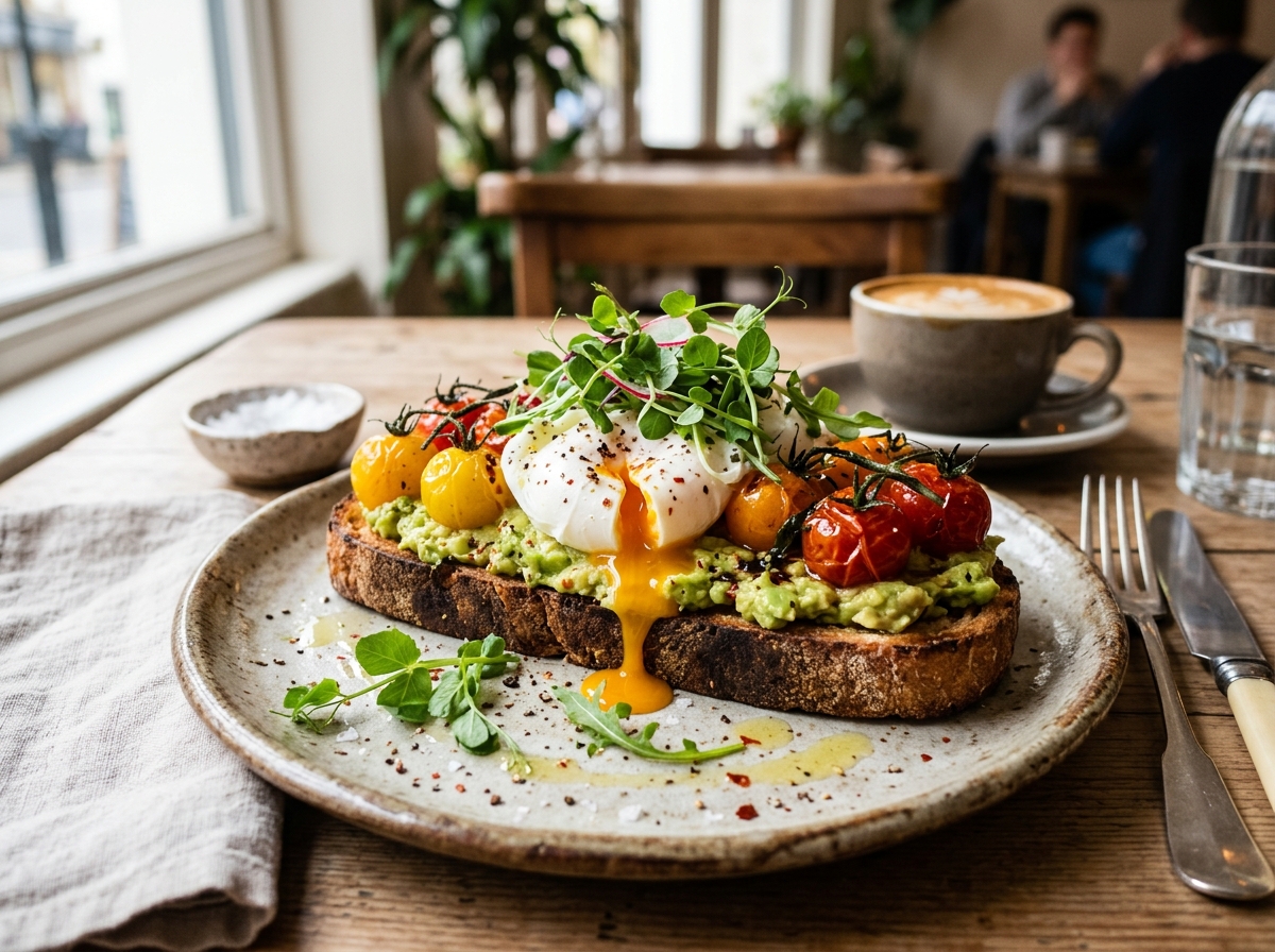 Smashed avocado and poached free-range eggs on toasted sourdough