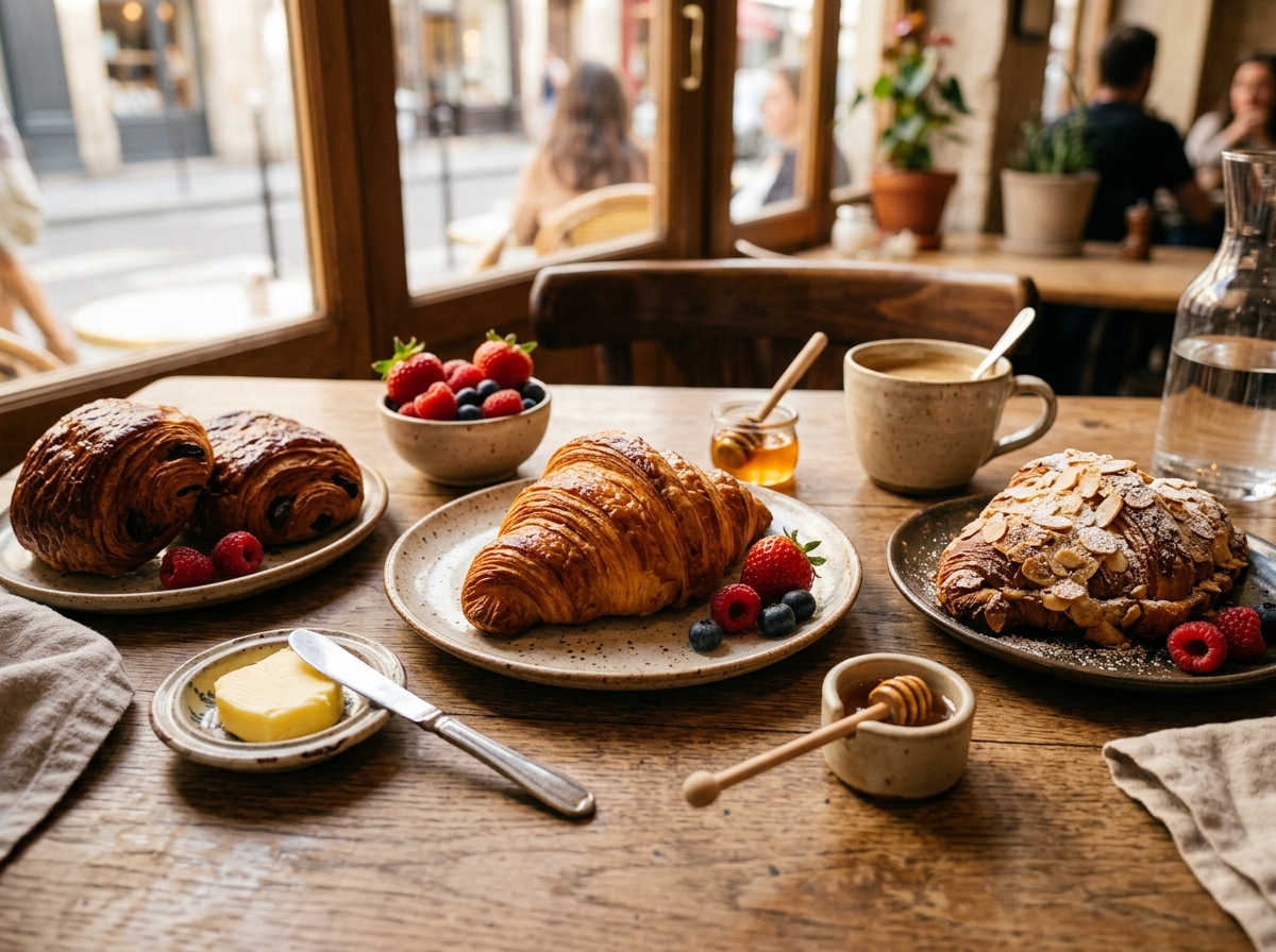 Freshly baked Parisian butter croissants and pain au chocolat