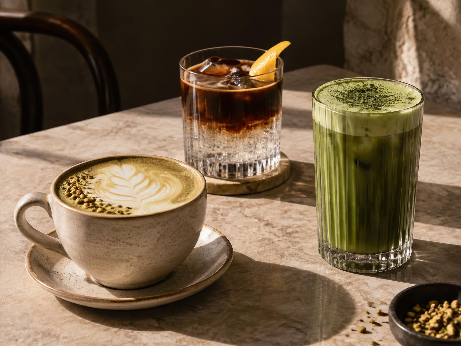 Specialty coffee and matcha drinks