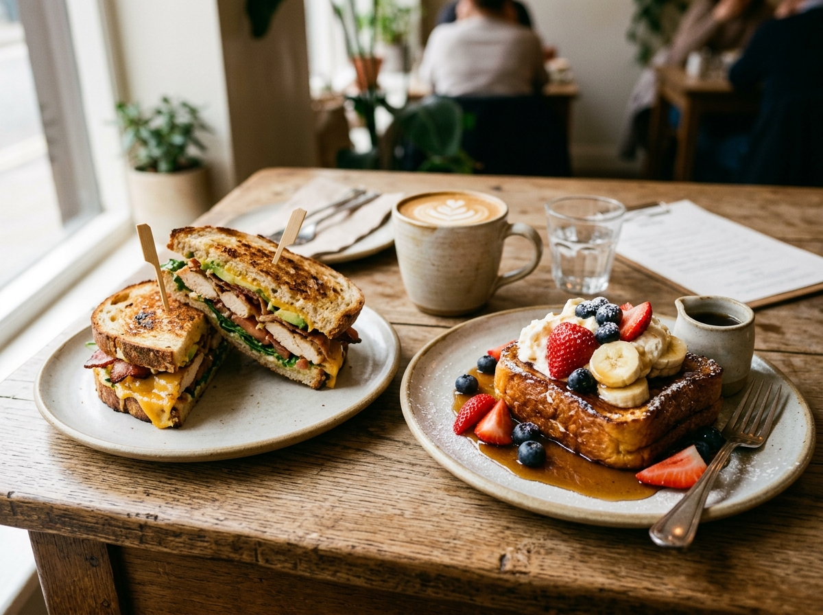 Artisanal toasted sandwich and brioche French toast with fresh berries and banana
